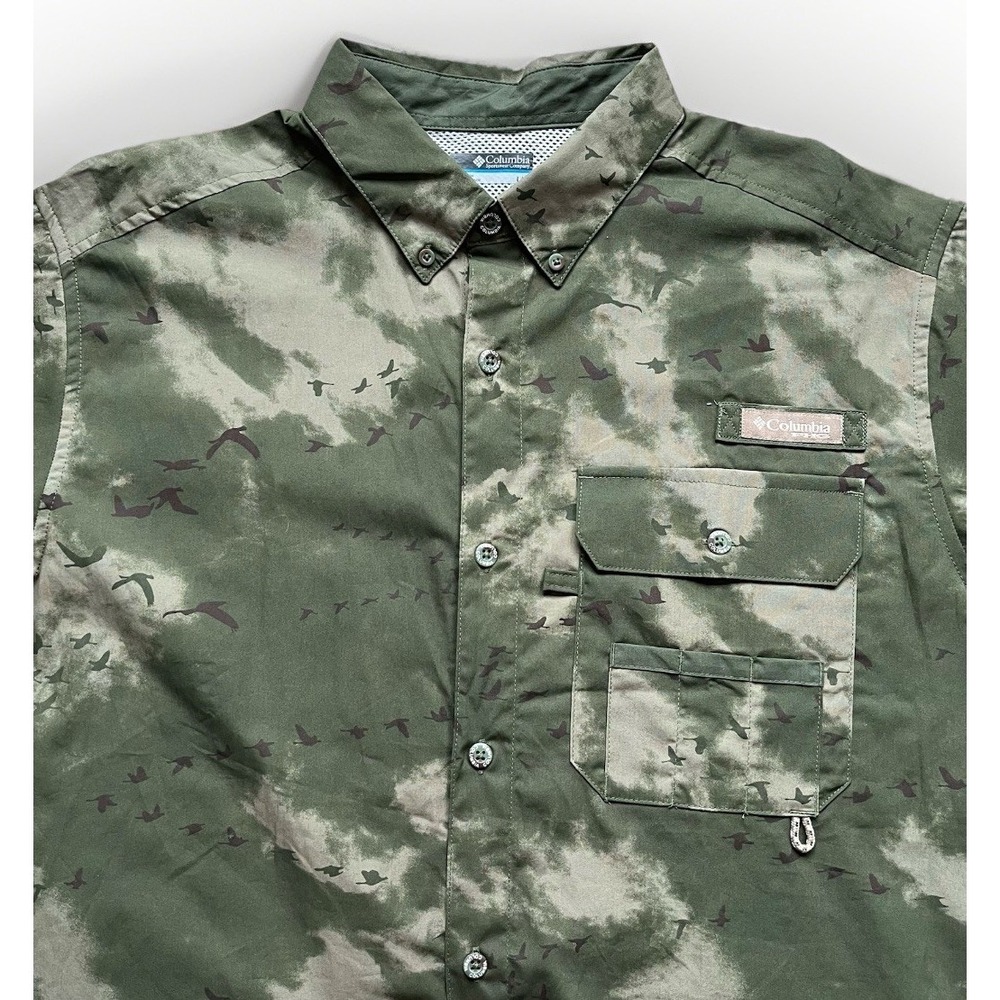 Columbia PHG Shirt Men's Button-Down Lightweight Green Camo Hunting Size L Geese